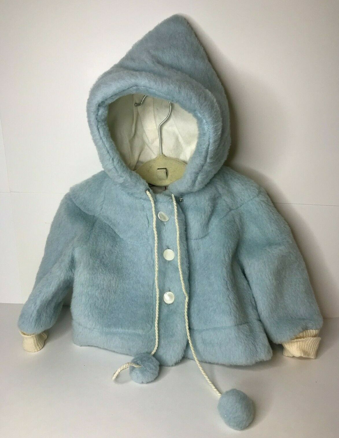 Vintage 1950's Pony Infant Girl Blue Hooded Lined Jacket Pom Pom Drawstring