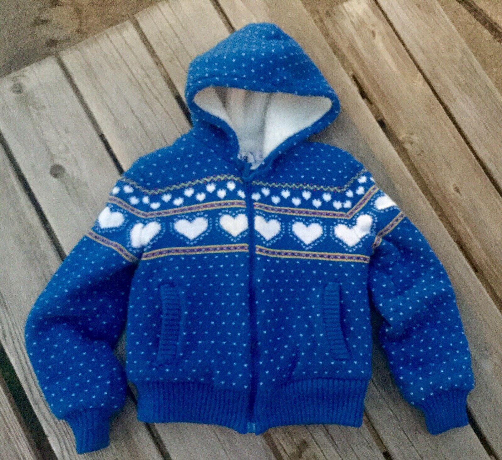 Vintage (1980’s) Children’s Blue Coat Hearts Hood Lined Size 12 Retro